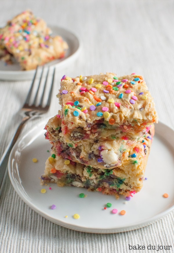 Cake Batter Bars - 3 bars stacked on top of each other