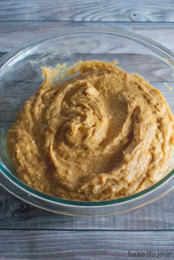 Pumpkin Bread with Cream Cheese Frosting - wet and dry ingredients combined in a bowl