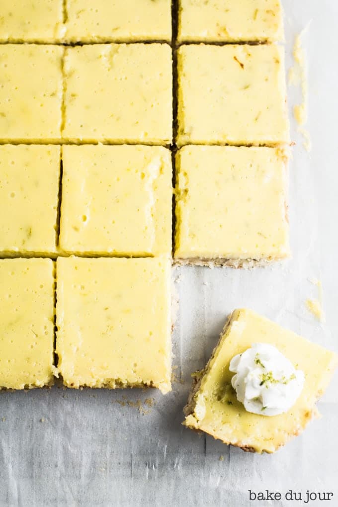 Coconut Lime Bars after they've been taken out of the pan and cut into pieces