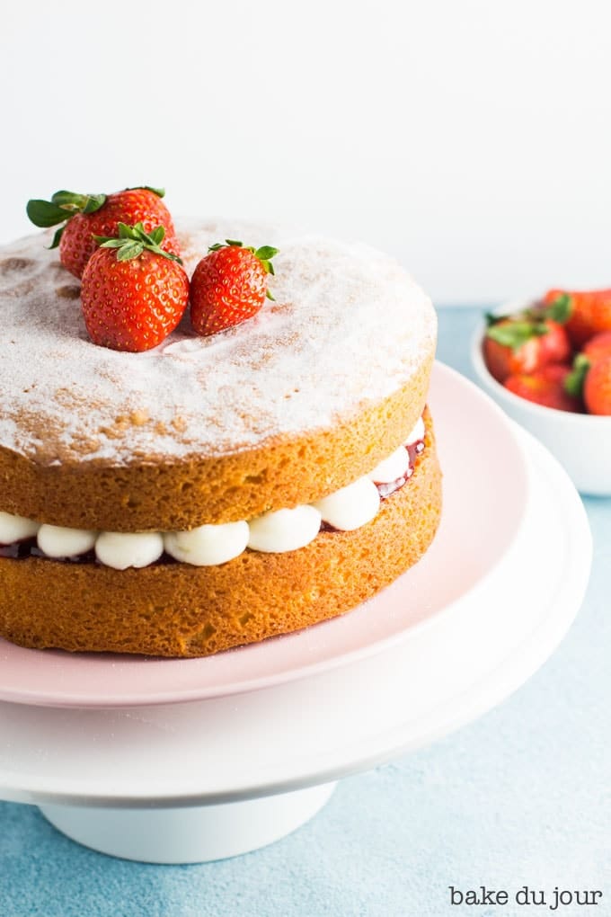 Victoria Sandwich Cake on a cake stand