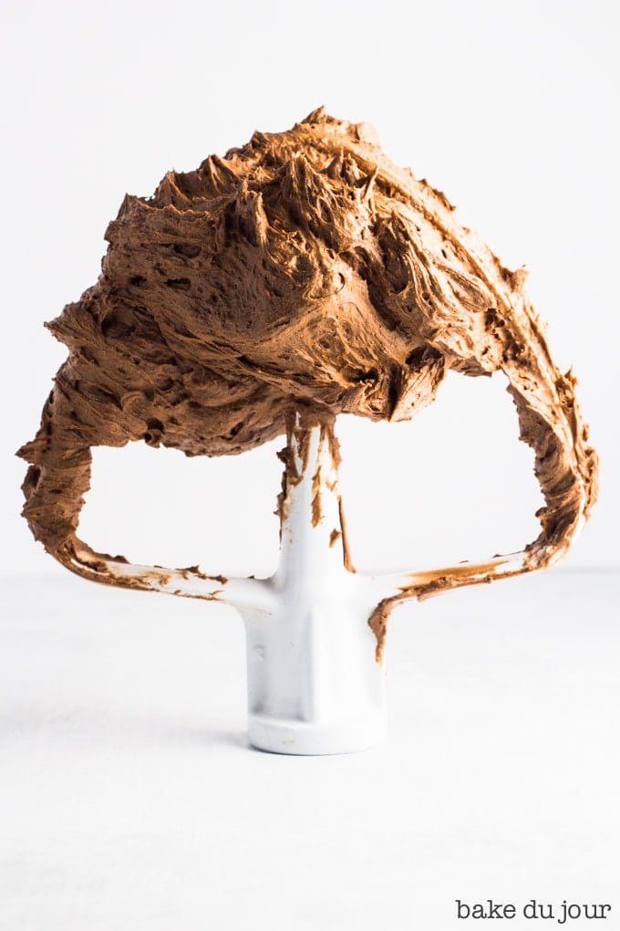 The paddle attachment from my electric mixer, standing upright and covered in chocolate buttercream frosting