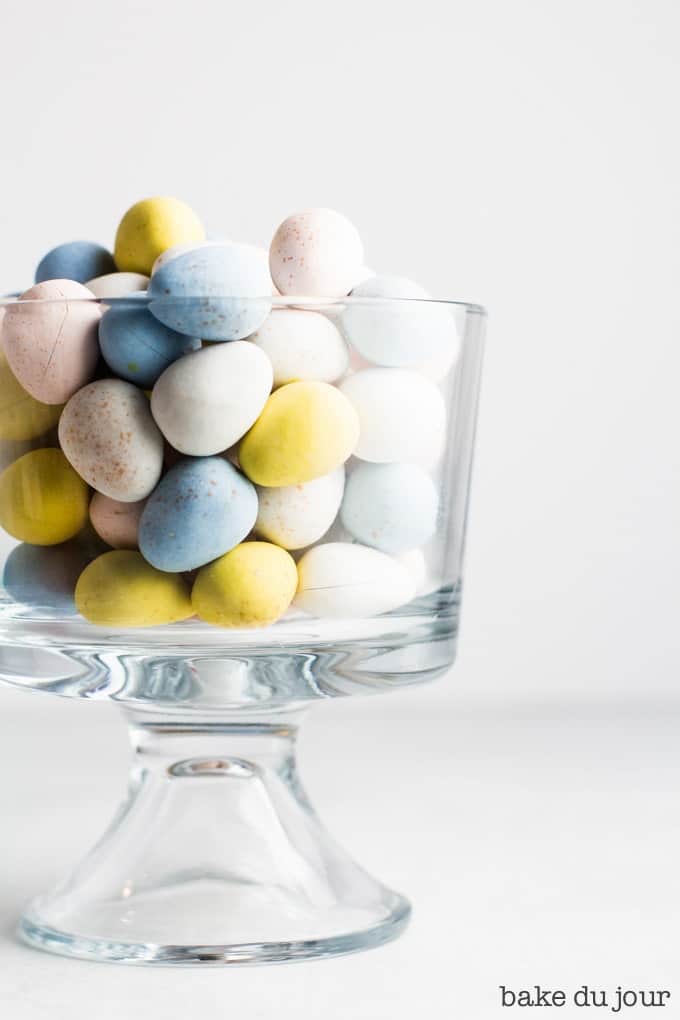 A trifle bowl glass filled with Cadbury mini eggs