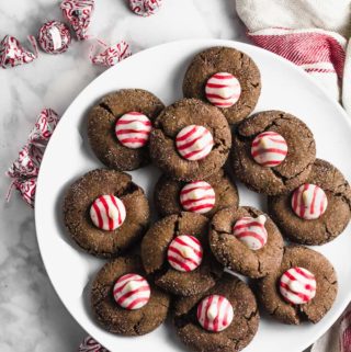 Chocolate Peppermint Blossom Cookies on a white plate