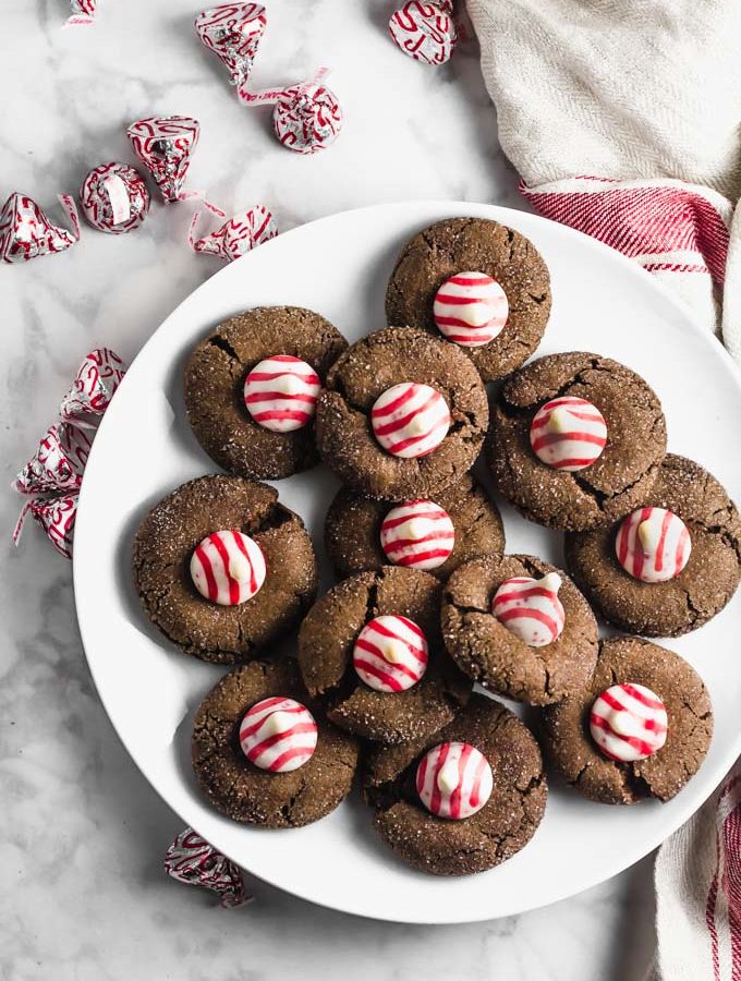 Chocolate Peppermint Blossom Cookies on a white plate